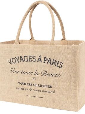 Voyages à Paris Jute Tote Bag | Large French Market Beach Shopper | Natural